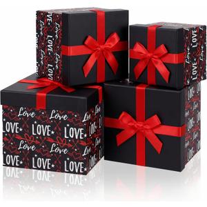 Epakh 4 Pcs Square Nesting Boxes Decorative Gift Boxes with Lids Black Red Hearts Assorted Sizes for Anniversary, Birthday, Wedding, Bridal Shower Party Gifts(Love)