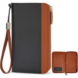 Large Travel Wallet for Women,RFID Zipper Wallet with AirTag Slot,Passport Holder Clutch with Wristlet | AirTag pocket
