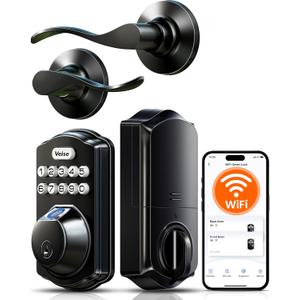 Veise VE012W-B Wi-Fi Fingerprint Smart Lock with Handle Set, Remote App Control, Keyless Entry Front Door Lever, Built-in WiFi No Hub Needed, Backlit Keypad Deadbolt, Auto-Locking, Matte Black