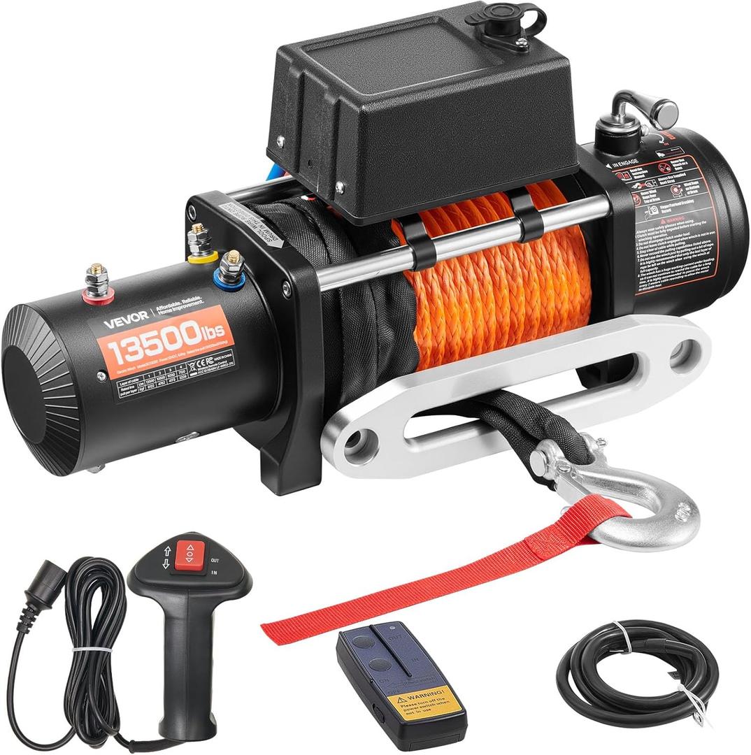 VEVOR 13,500 lb Electric, Truck Winch 12V DC 3/8 in x 80 ft Synthetic Rope Aluminum Fairlead Wireless & Wired Remote Control, 13500 lbs, IP55 Waterproof Towing for Off Road Jeep SUV Boat
