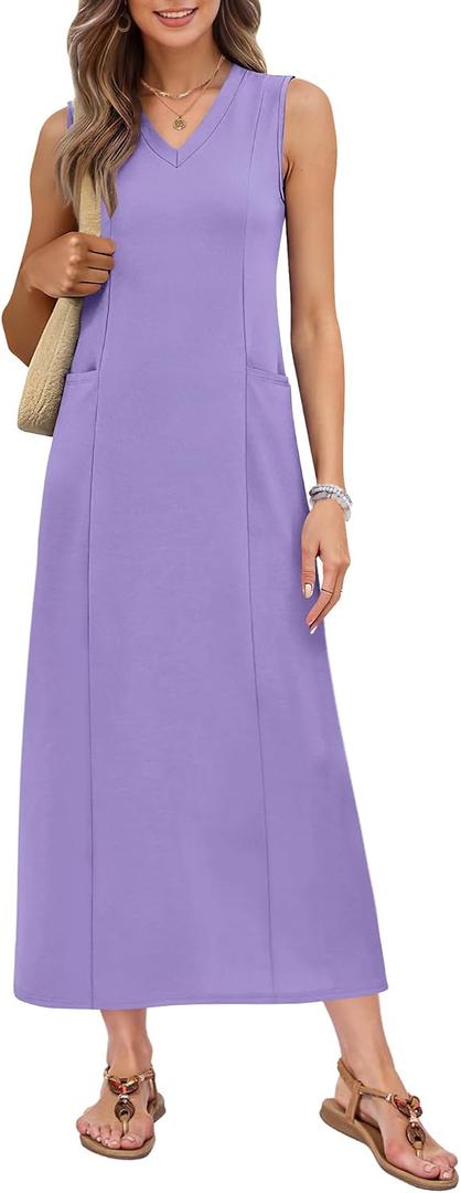 MISFAY Women's Sleeveless V Neck Maxi Dress with Pockets Vacation Outfit | Breathable Air-Layer Rayon Blend, Wrinkle Resistant, Back Slit, Loose Fit, Formal Outfits, Wedding Guest, Machine Washable (Purple, L)