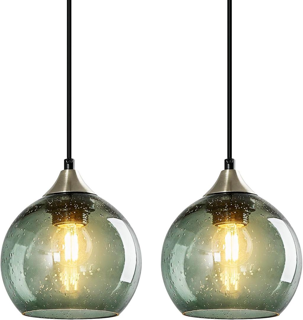 Gray Green Glass Pendant Lights Kitchen Island Lighting Globe Pendant Light Fixtures Modern Pendant Lighting for Kitchen Island Bedroom Living Dining Room Light Fixture(5.9in, 2-Pack)