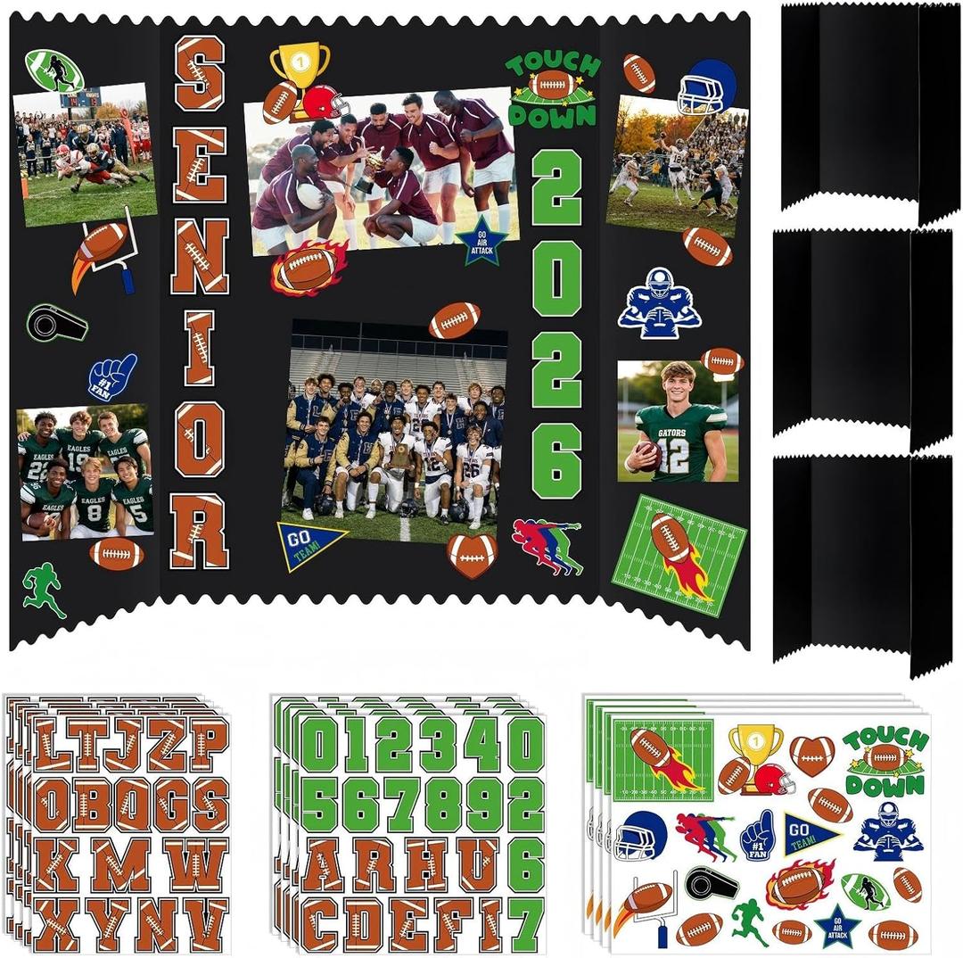 Tinlade 3 Set Football Senior Night Gifts Senior 2026 Photo Display Board 24" x 16" Trifold Poster Board with Football Themed Stickers for Graduation Picture Frame Sport Theme Party Supplies