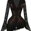 Milumia Women's Lace Ruffle Layer Sheer Mini Dress Deep V Neck Long Sleeve Short Dresses Black X-Small