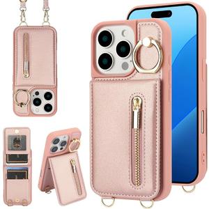 Crossbody Wallet Case for iPhone 16 Pro Max with Lanyard Strap Card Slot Holder RFID Blocking 360°Ring Kickstand,Magnetic Flip Folio Zipper Purse Case, PU Leather Cover Handbag,Rose Gold