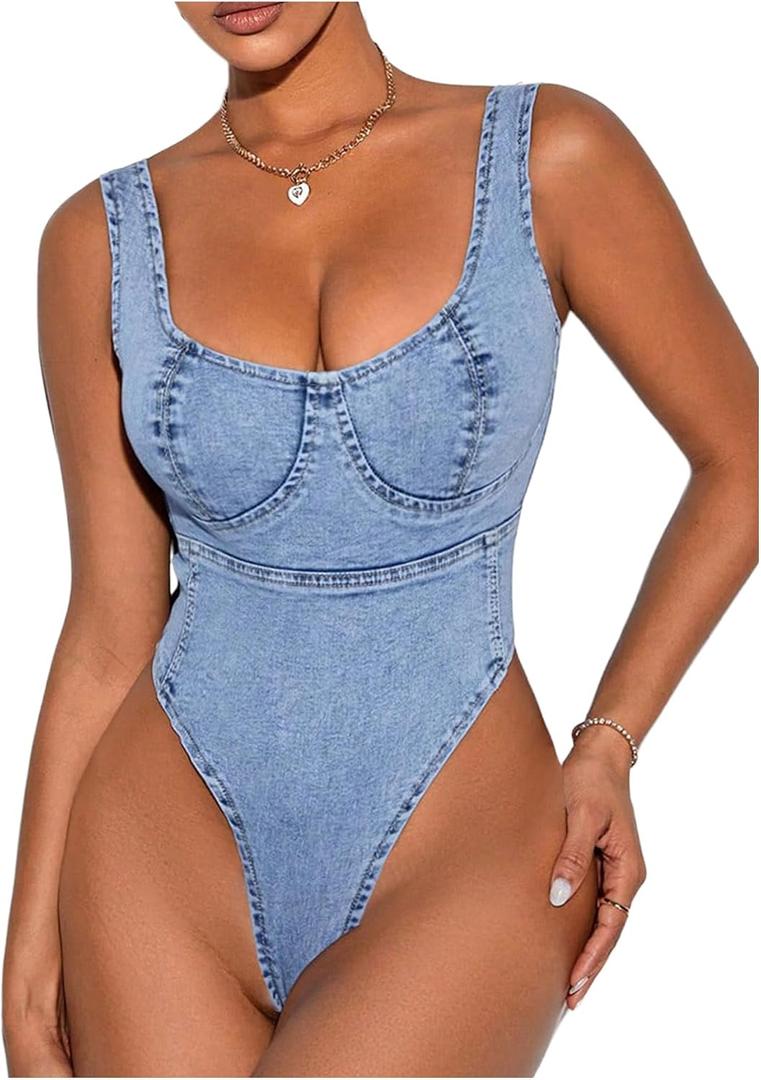 Milumia Women's Scoop Neck Denim Bodysuit Zipper Backless Y2K Going Out Tank Tops (Blue) M