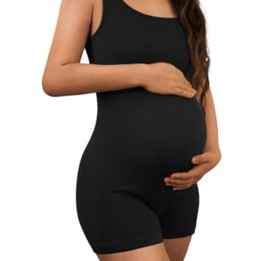 AIBIANOCEL Women's Maternity Bodysuit Pregnancy Shapewear Sleeveless Tank Top Shorts Ribbed Romper Jumpsuit(Black, S)