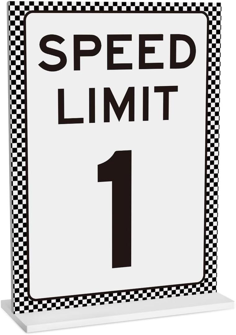 Race Car Birthday Decor, Speed Limit 1 Sign, Fast One, Race Car Birthday Party Decorations, 5x7 Inches Acrylic Sign with Stand, Let's Go Racing Party Supplies for Boy Race Fans decorativesignage0485