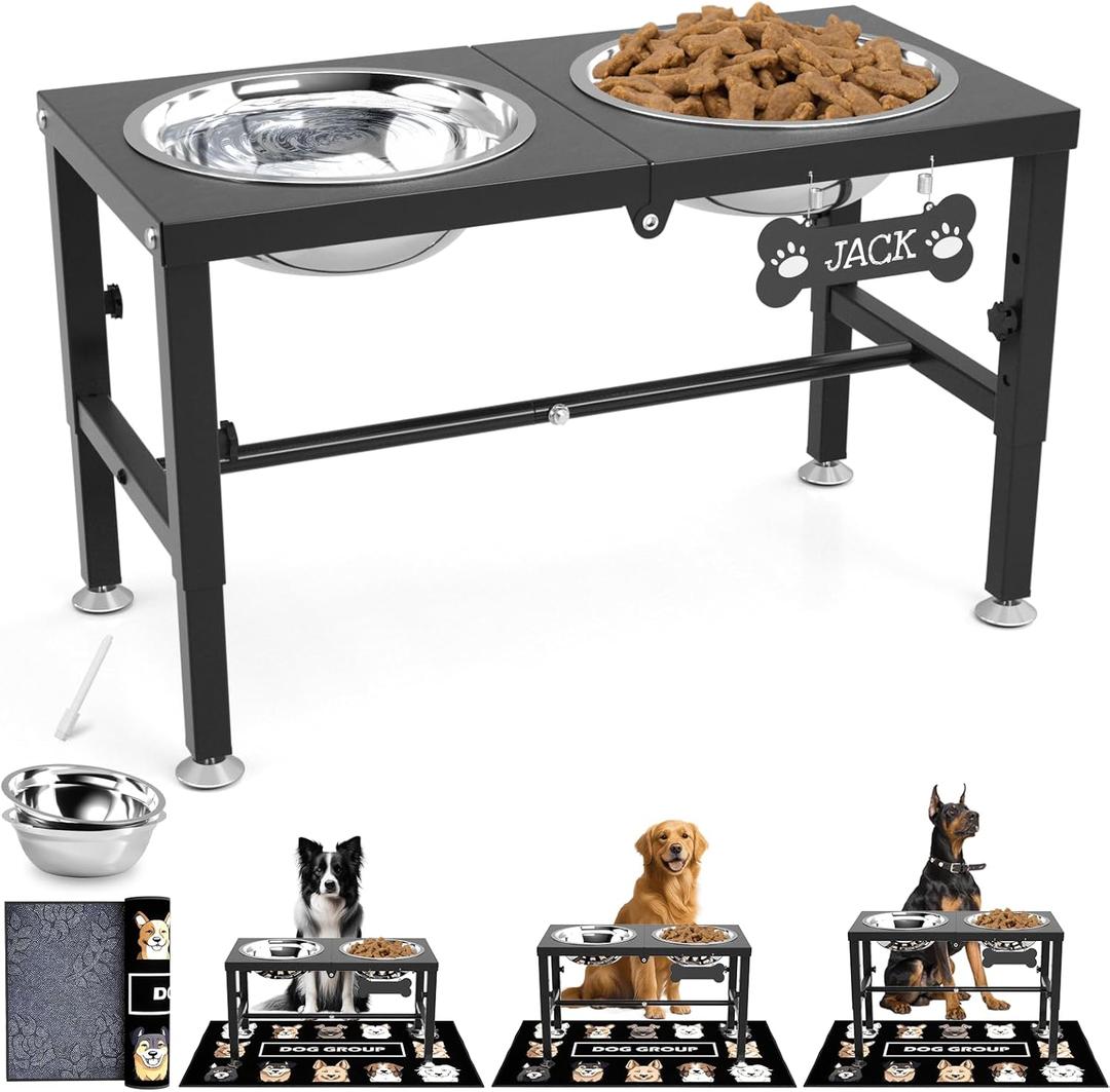 SHAINFUN Elevated Dog Bowls with Mat for Large & XLarge Dogs, Adjustable Height Raised Dog Bowl Stand with Two 68oz Bowls, Dogs Food Water Bowl Holder (Black-2L)