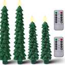 BUTITNOW 4 Pcs Flameless Taper Candles, Christmas Tree Candles with Remote, Battery Operated Candlesticks - Snow-Covered Effect Design - 10 Inches Flickering LED Window Candle Lights