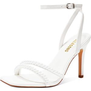 LULLASONG Women's Heels Strappy Ankle Strap High Heels 3.5 Inch Heeled Square Open Toe Sandals for Women 7.5