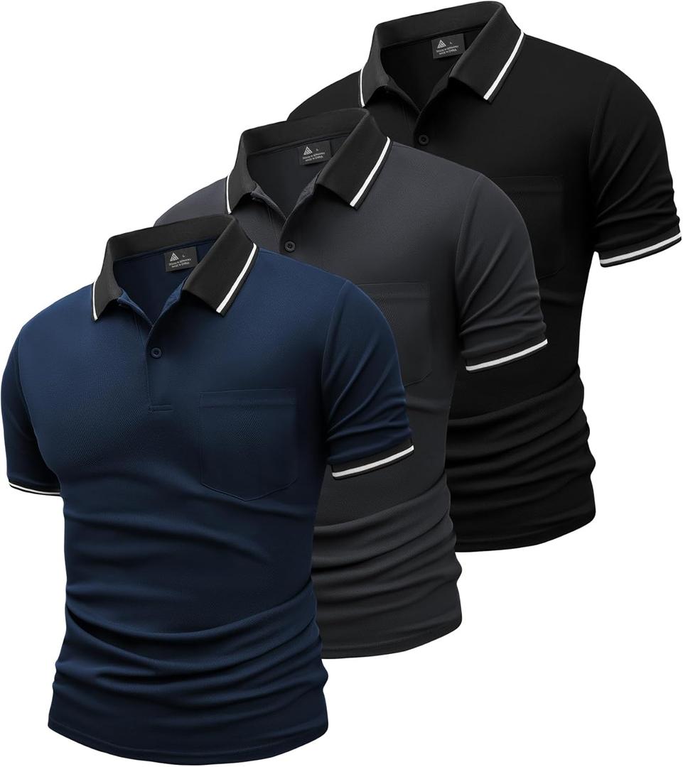 GEEK LIGHTING 3 Pack Mens Polo Shirts Short Sleeve Athletic Polo for Men Casual Moisture Wicking T-Shirts with Pocket (XX-Large, Black Gray Navy)