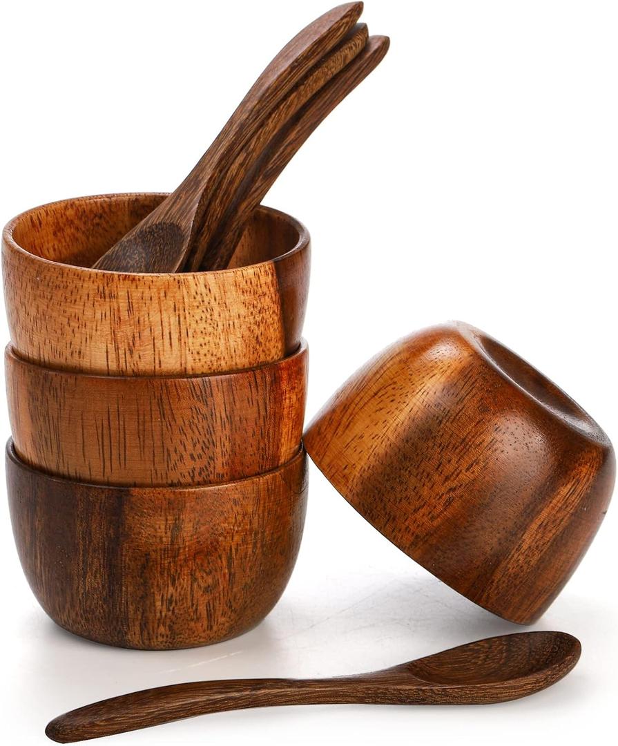 Lyellfe Set of 4 Acacia Wooden Bowl, 4 Oz Dipping Sauce Bowl with Spoon, 3 Inch Small Charcuterie Dish, Soup Water Cup for Condiments, Jam, Nuts, Appetizer, Snack, Yogurt