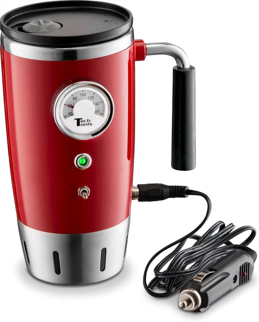 Tech Tools Heated Car Travel Mug - Keeps Your Bevrege Hot - Retro Style - Stainless Steel 12 Volts (Red)