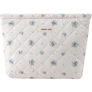 uekeboag Quilted Floral Cotton Makeup Pouch,Coquette Quilted Cosmetic Bag for Women and Girls, Aesthetic Organizer Bag, Flower Cute Travel Toiletry Bags(08Blue Flower)