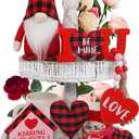 CRCZK Valentines Day Decor, 6pcs Valentines Gnome Tiered Tray Decoration Set, Buffalo Plaid Valentine Gnome Plush, 3 Valentine Wooden Signs, Valentine Bead Garland, Farmhouse Valentine Kitchech Decor
