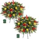 Juegoal 2 Pack Pre-lit Christmas Tree Urn Filler, Lighted Artificial Xmas Pine Trees with Tripod Stake, 8 Modes & Timer, Battery Powered Outdoor Light Up Planter Filler Festival Holiday Decor