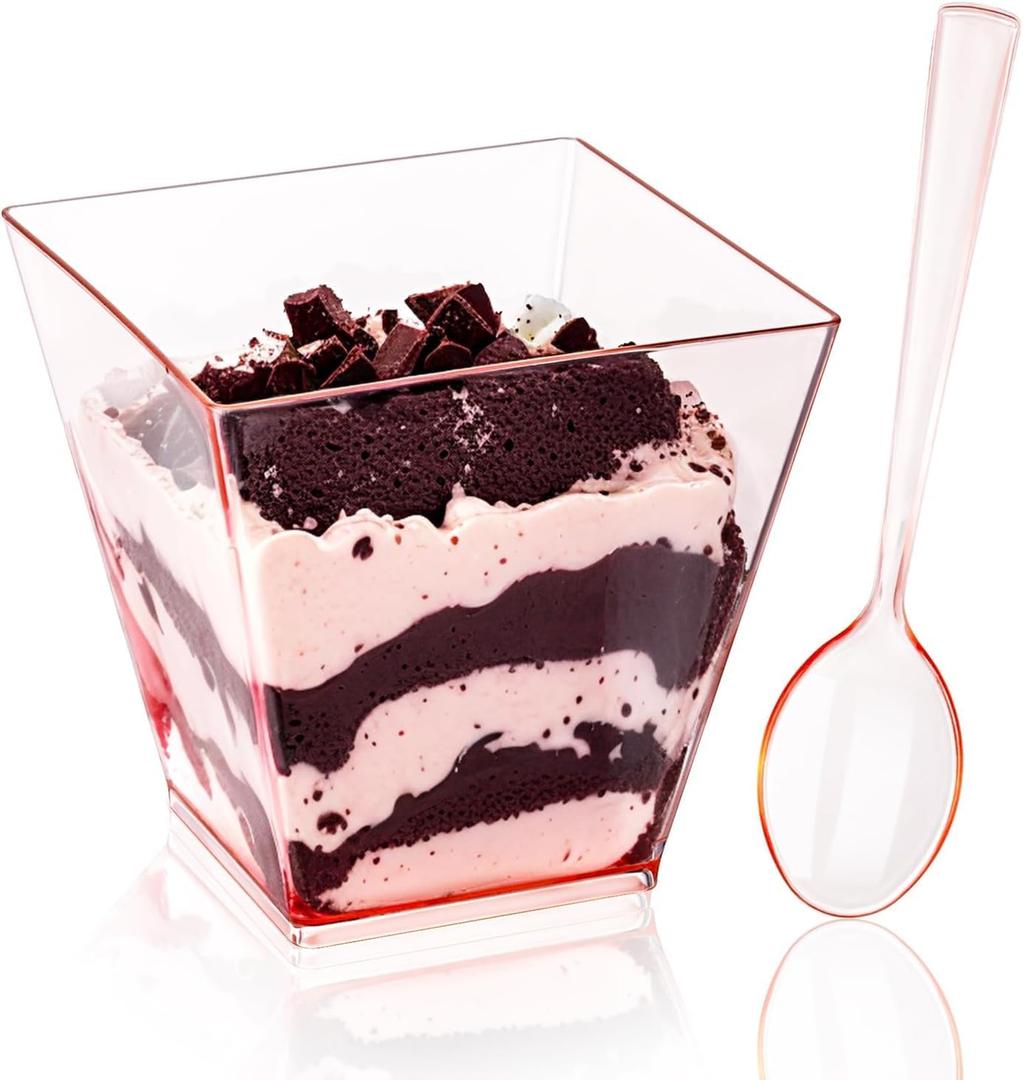 YOUBET 102 PCS Plastic Dessert Cups - 8oz Pink Clear Square Cups - 51 Pack Mini Appetizer Cup with Pink Tasting Spoons for Pudding, Fruit, Yogurt Parfait and Ice Cream Mothers Day