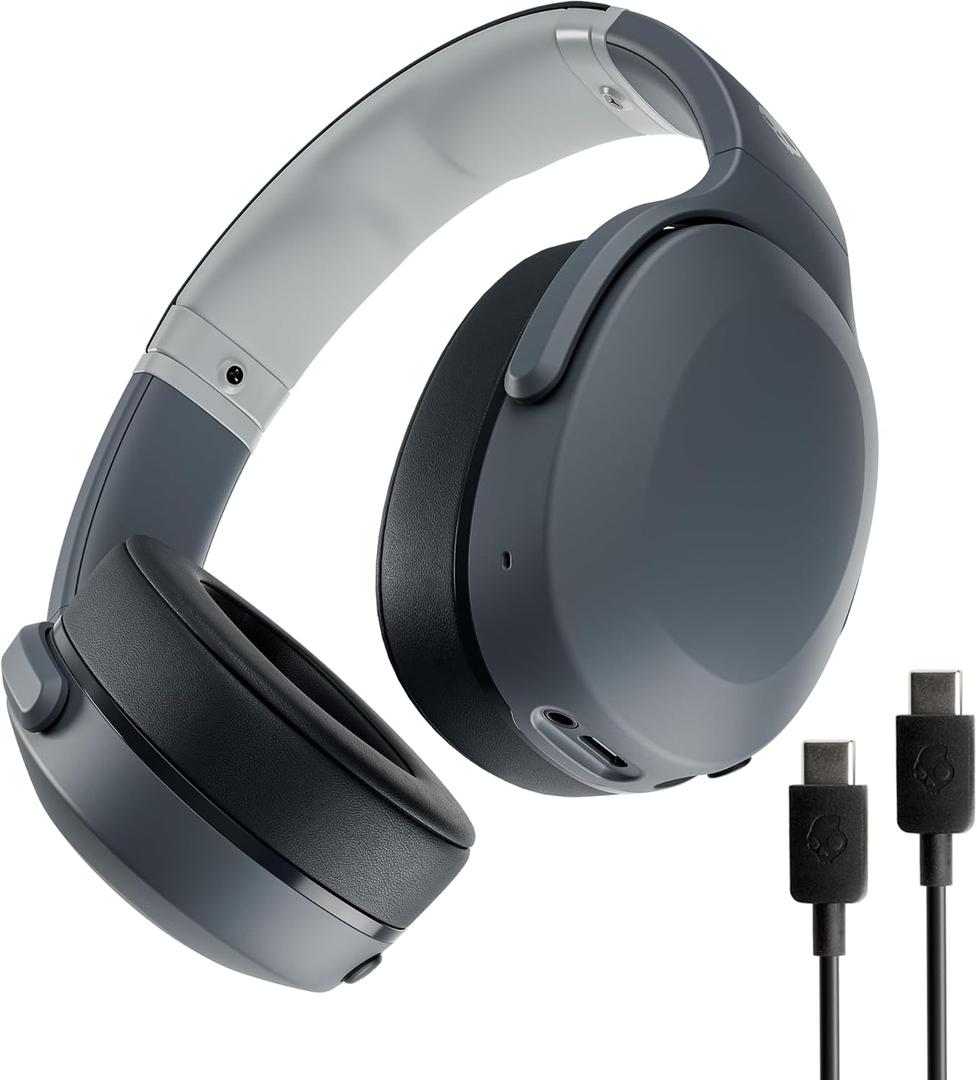 Skullcandy Crusher Evo Wireless Bluetooth Headphones with Extra USB-C Charging Cable, Multi-Sensory Bass, Noise Isolating Over-Ear Fit, 40 Hours Battery, Microphone for iPhone Android - Chill Grey