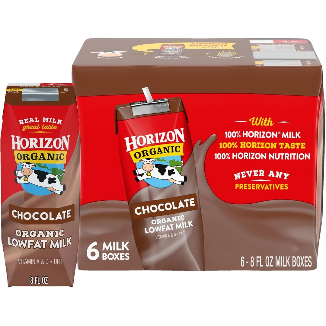 Horizon Organic Shelf Stable 1% Lowfat Chocolate Milk Boxes, 6ct | 8g Protein per Serving, 1% Lowfat, USDA Organic, No Refrigeration Required, Lunchboxes, On The Go, For Adults & Kids (EXP 05/07/27)