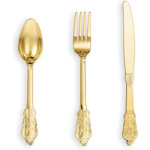 N9R 120pcs Gold Plastic Silverware, Disposable Silverware Include 40 Forks, 40 Spoons, 40 Knives, Gold Cutlery Set Disposable for Party, Wedding and Daily Use