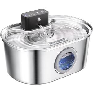 Cat Water Fountain Cordless, Stainless Steel Pet Water Fountain Wireless  3.2L/108oz Battery Operated Automatic Water Dispenser for Cats Indoor, with Motion Sensor & Quiet Pump (4 Filter & Sponge)