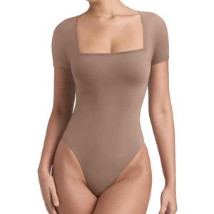 REORIA Womens Square Neck Bodysuits 2025 Short Sleeve Double Lined Basic Going Out Body Suits Tops (Small, Almond)