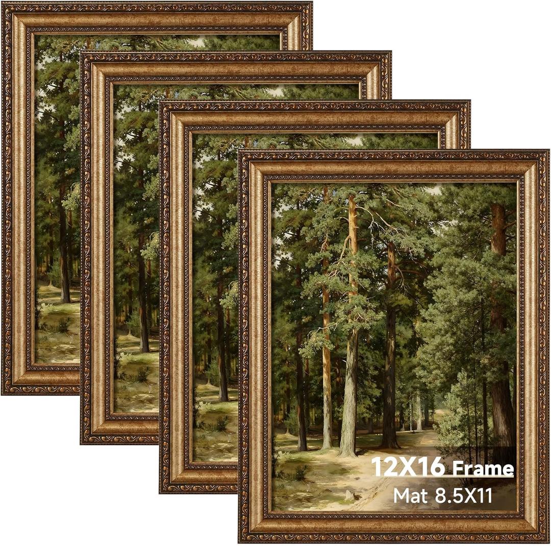 12x16 Gold Vintage Picture Frame Set of 4, Antique Bronze Picture Frames for Wall or Tabletop, 12 x 16 Ornate Photo Frame with Real Glass, Display 8.5x11 Poster with Mat or 16x12 without Mat, 4 Pack