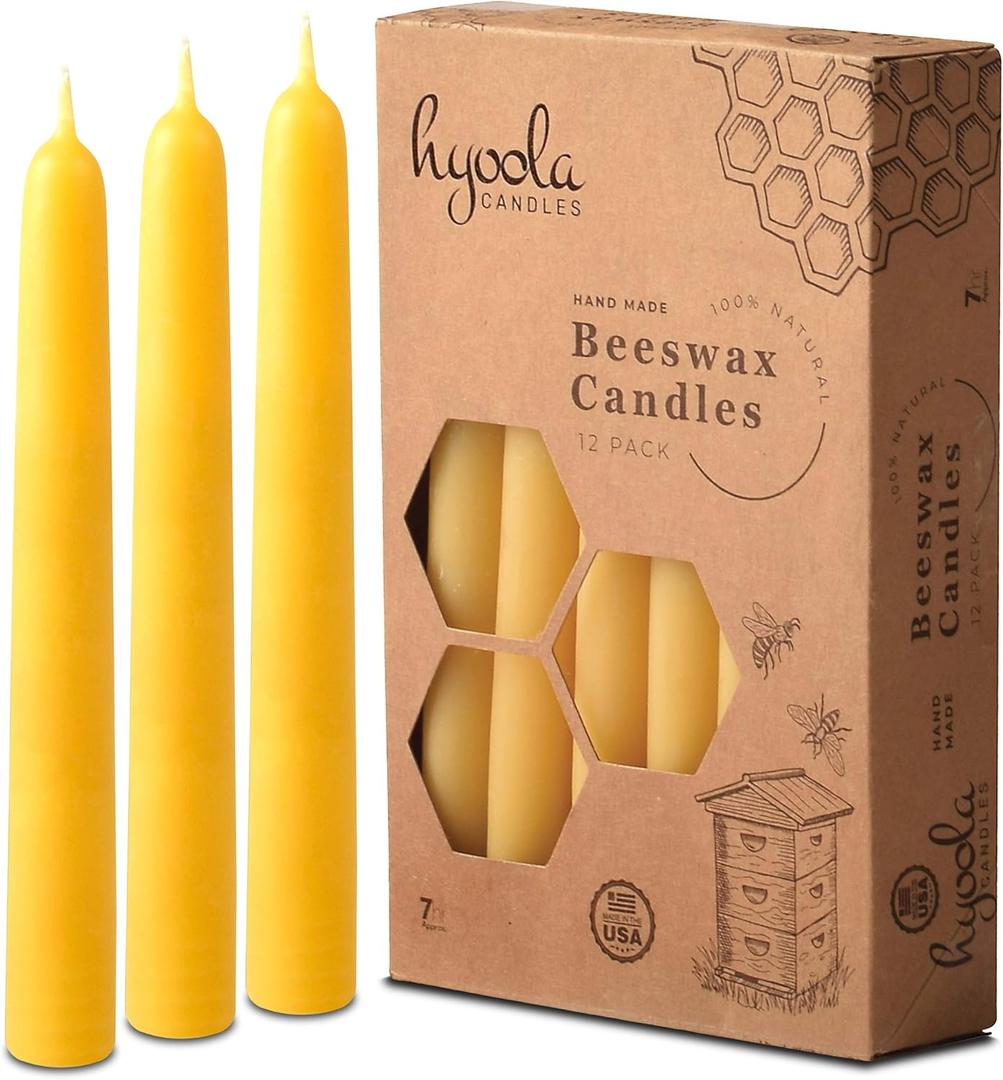 Hyoola 7 Inch Beeswax Taper Candles 12 Pack - Handmade, All Natural, 100% Pure Unscented Bee Wax Candle - Tall, Decorative, Golden Yellow - 7 Hour Burn Time