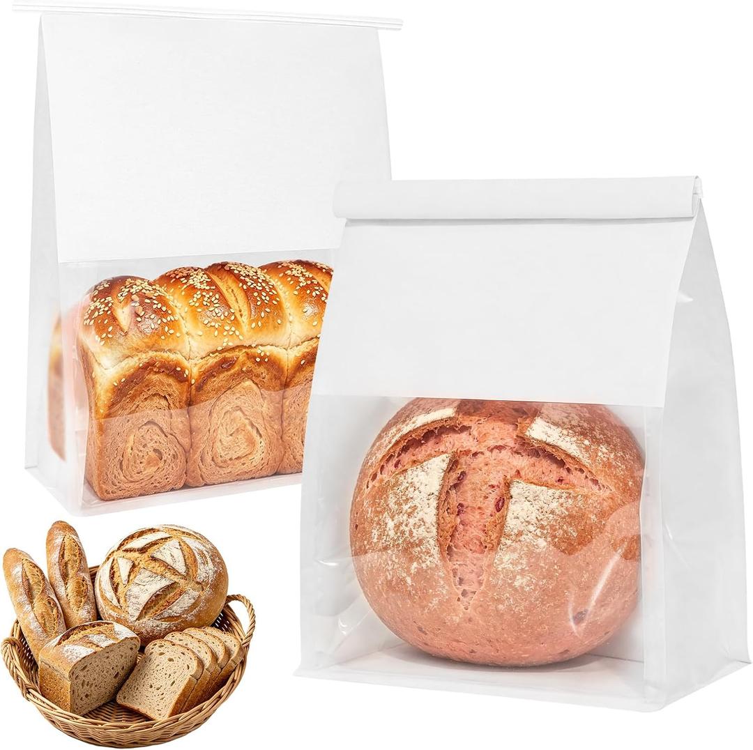 50 White Bread Bags with Tabs for Homemade Sourdough Bread, 8.7" x 4.3" x 11" Paper Bakery Bread Bags with Window/Ties, Large Bakery Loaf Bags for Gifting, Baked Goods Packaging