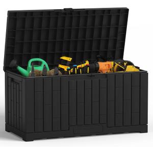 NEWBULIG 60 Gallon Deck Box, Waterproof Outdoor Storage Box with Lockable Lid, Patio Furniture Bench & Side Table, Outside Storage Container, Tool-Free Assembly, for Garden, Pool, Black