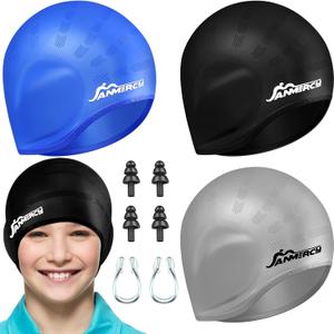 Janmercy 3 Pcs Swim Caps for Boys Girls Silicone Swimming Hat with 3D Ear Pockets for Age 6-15 Bath Hats Short/Long Hair with Ear Plug Nose Clip Supplies(Black, Blue, Grey)