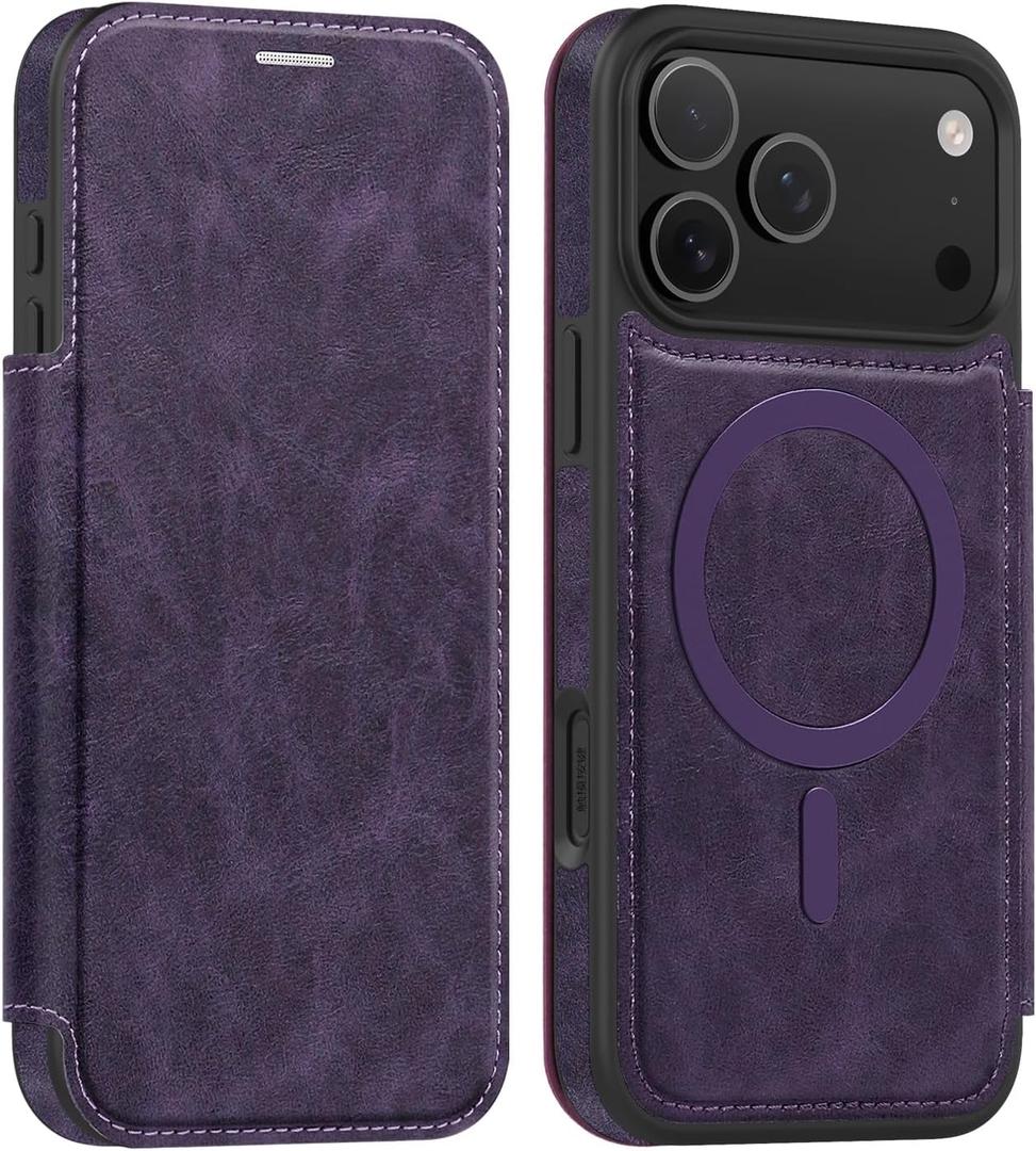 Lunivop Compatible with iPhone 17 Pro Max Case 2025 6.9 '' Flip Cover PU Leather RFID Blocking Card Holder Wallet Compatible with Magsafe Magnetic Phone Case for 17 Pro Max (Purple)