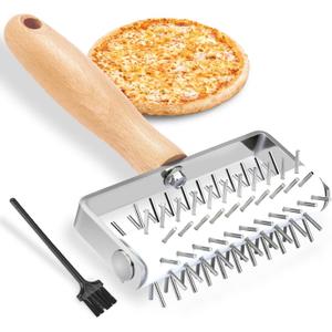 Pizza Dough Docker, Professional Dough Roller with Stainless Steel Spikes Wood Handle, Sturdy Pizza Docking Tool for Home & Commercial Kitchen, Time-Saver for Making Pizza Pie Pastry Bread