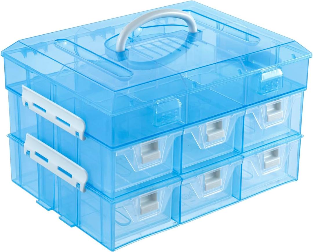 MyGift 11 Inch Sky Blue Transparent Arts and Crafts Sewing Supplies Storage Organizer Case with White Accents, 24 Customizable Compartments, 6 Drawers Removable Dividers