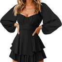 Fixmatti Women off Shoulder Rompers Lantern Long Sleeve Ruffle Tie Mini Shorts Jumpsuit XL