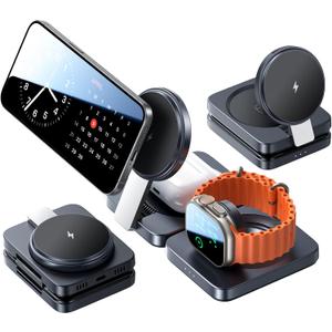 LISEN Charging Station for Apple Magsafe Multiple Devices - 3 in 1 Foldable Magnetic Wireless Charger Dock - Travel Charging Stand for Apple iPhone 16 15 14 13 12 Pro Max Plus Watch & Airpods