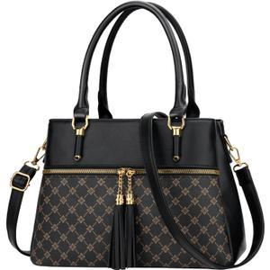 KKXIU Women Satchel Bags Handle Shoulder Handbags and Purses Pockets Zipper Leather Crossbody Bags (X-black Flower Pattern)