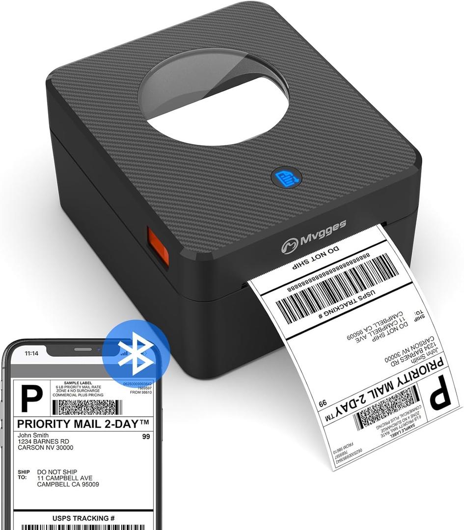 Mvgges Shipping Label Printer Bluetooth, 4X6 Thermal Label Printer for Shipping Packages, Support Windows, Mac, iOS, Android, Used for Amazon, Ebay, UPS, USPS, Shopify (Matte Black Carbon Fiber)
