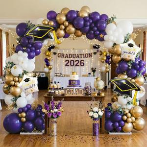 130Pcs Graduation Balloon Arch Kit Purple Gold White Garland Decoration with Graduation Cap Star Foil Balloons for Class of 2026 Party Prom Decorations Supplies