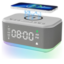 Alarm Clock Speaker Wireless Charger, Digital Alarm Clocks Bedrooms Bluetooth, Alarm Clock Dimmable Light Bedrooms Dual Alarm Snooze Dimmer 12 24H RGB Night Light Bluetooth USB AUX, Gray