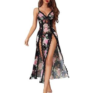 Women Lingerie Lace Babydoll Chemise Nightwear Sexy Mesh Nightdress Side Split Nightgown, M
