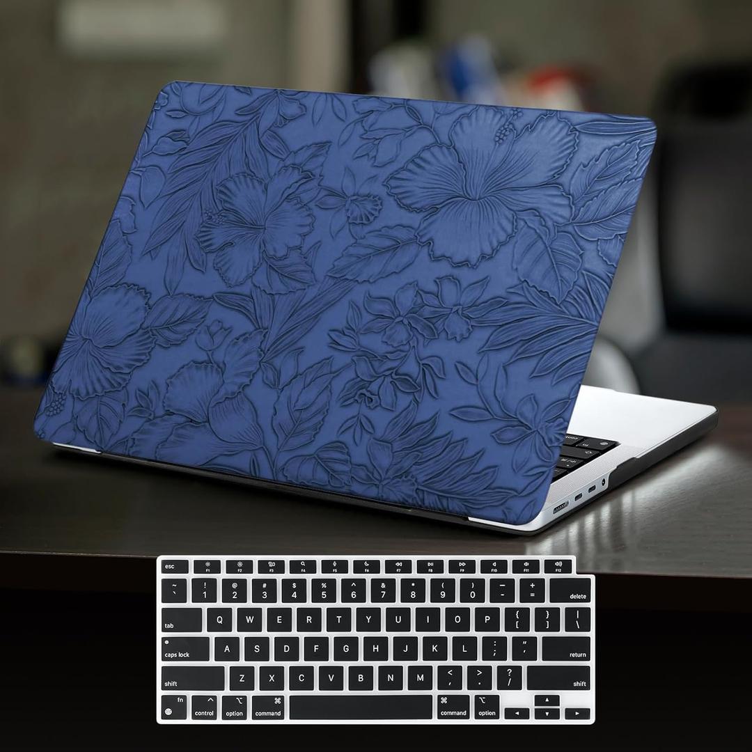 DTangLsm for MacBook Air 13 inch Case 2026 2025 2024-2022 M5 M4 M3 M2 A3449 A2681 A3113 A3240, Elegant Textured Leather Hard Case for MacBook Air M5 13.6 inch Cover+Keyboard Skin, Blue Embossed Floral