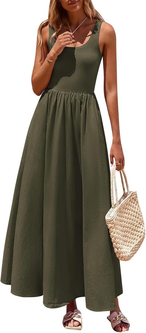 PRETTYGARDEN Womens Summer Casual Scoop Neck Sleeveless Long Dresses Tank Top Patchwork Aline Swing Maxi Dress with Pockets (M)