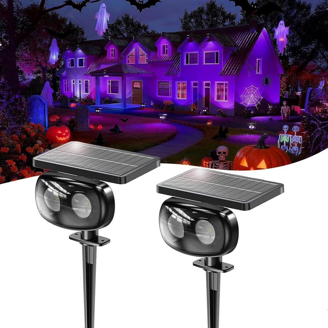 2 Pack Halloween Spotlights Outdoor, Black Light Waterproof IP68, Solar Spot Lights Outdoor, Super Bright LED Landscape Lighting with 3 Lighting Mode for Yard Pathway Garden House Lawn