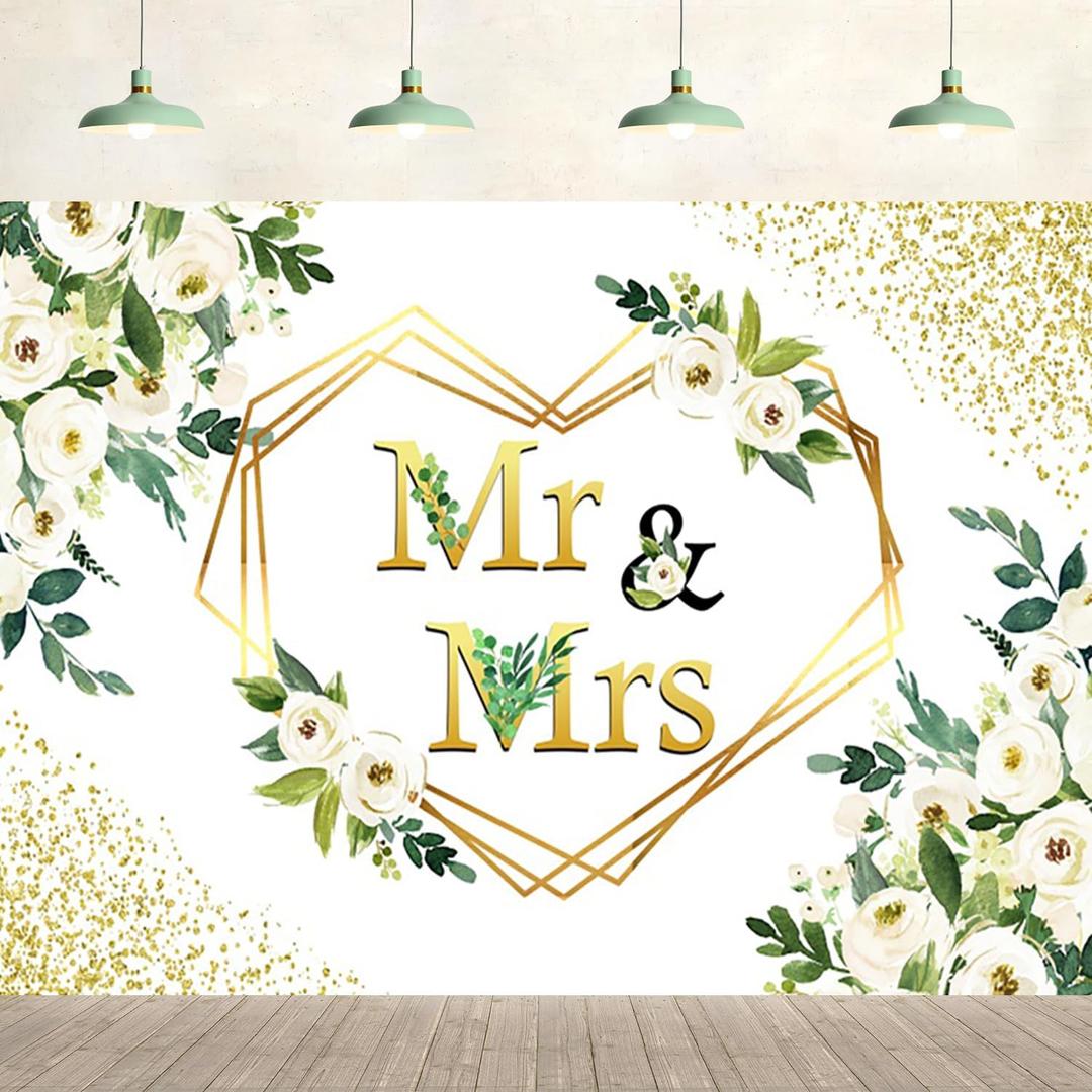 7x5ft Wedding Backdrop Mr and Mrs White Flowers Green Leaves Heart Bridal Background Wedding Party Supplies Engagement Glitter Spots Wall Banner Decoration Photography Photo Studio Props