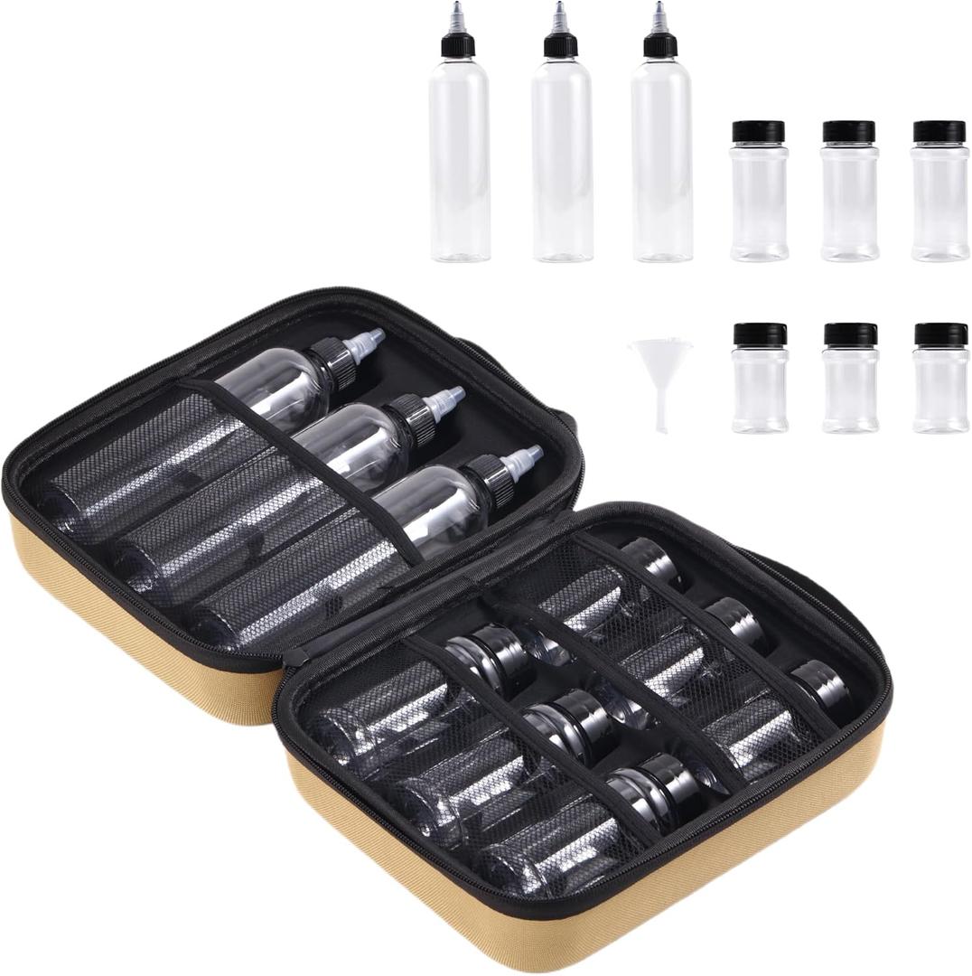 11-Piece Camping Spice Kit - 6 Powder & 3 Liquid Containers with Leakproof Lids, Portable funnel, EVA Hard Case - Portable Seasoning Set for Hiking, BBQ, RV Travel - BPA-Free PET Bottles
