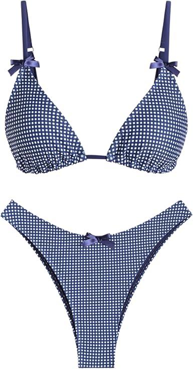 Seamoly Women‘s Bikini Sets Two Piece Swimsuit Textured Halter Triangle Thong Bikini Set, S Blue