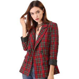 Allegra K Women's Notched Lapel Double Breasted Christmas Work Formal Blazer Jacket Medium Red Green