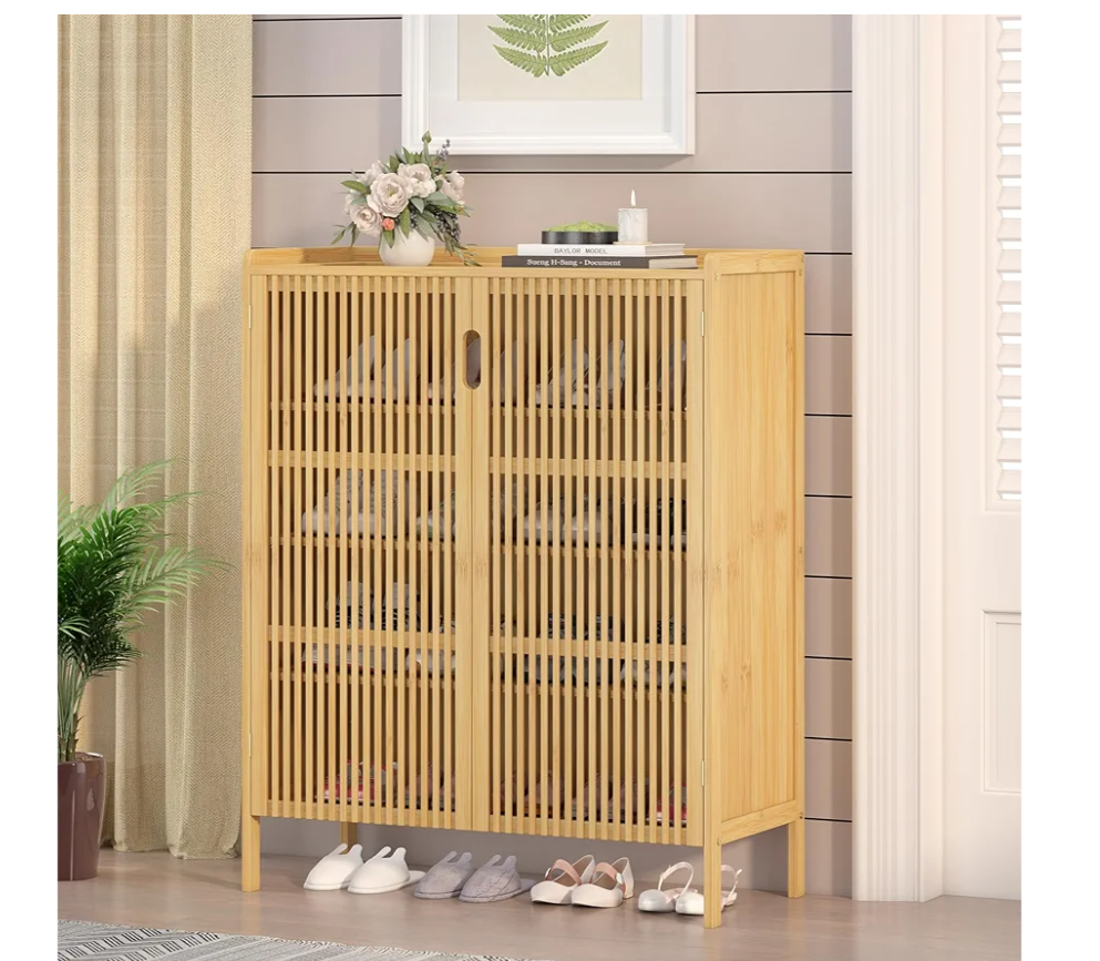 Cabinet with Doors Bamboo 5 Tiers Shoe Storage Cabinet for Entryway, 25 Pairs Wooden Shoe Cabinets, Modern Shoe Organizer Storage for Living Room, Bedroom, Hallway, Closet Nature